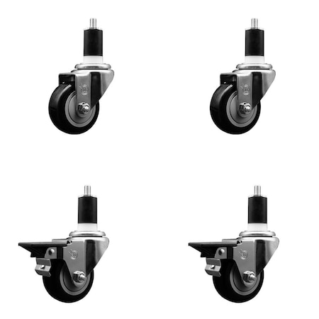 Service Caster 3'' Black Poly Wheel Swivel 1-1/2'' Expanding Stem Caster Set 2 Brakes, 4PK SCC-EX20S314-PPUB-BLK-2-PLB-2-112